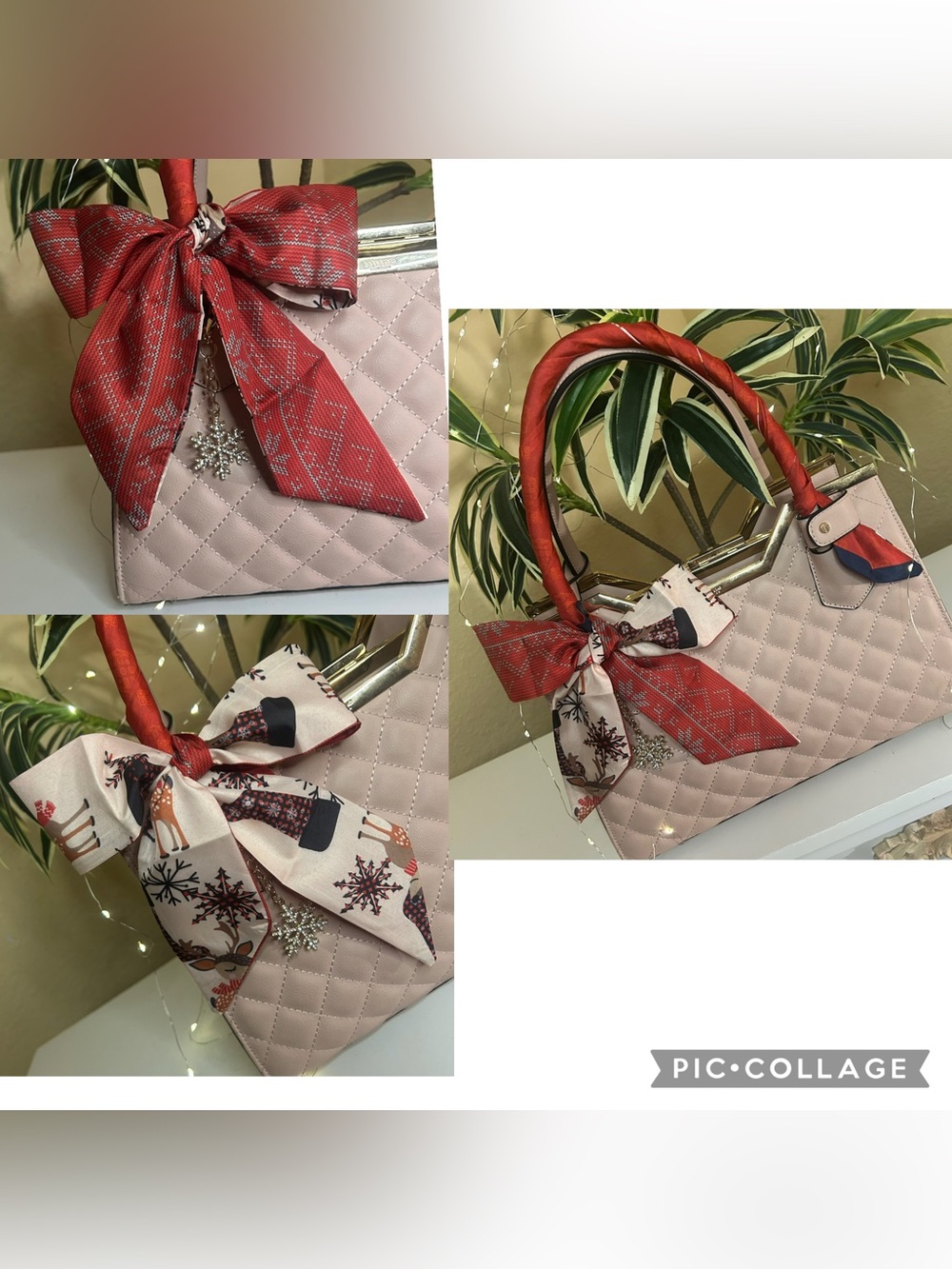 2 in 1 Twilly Christmas Women Purse Scarf Reindeer Red Tan Brown
